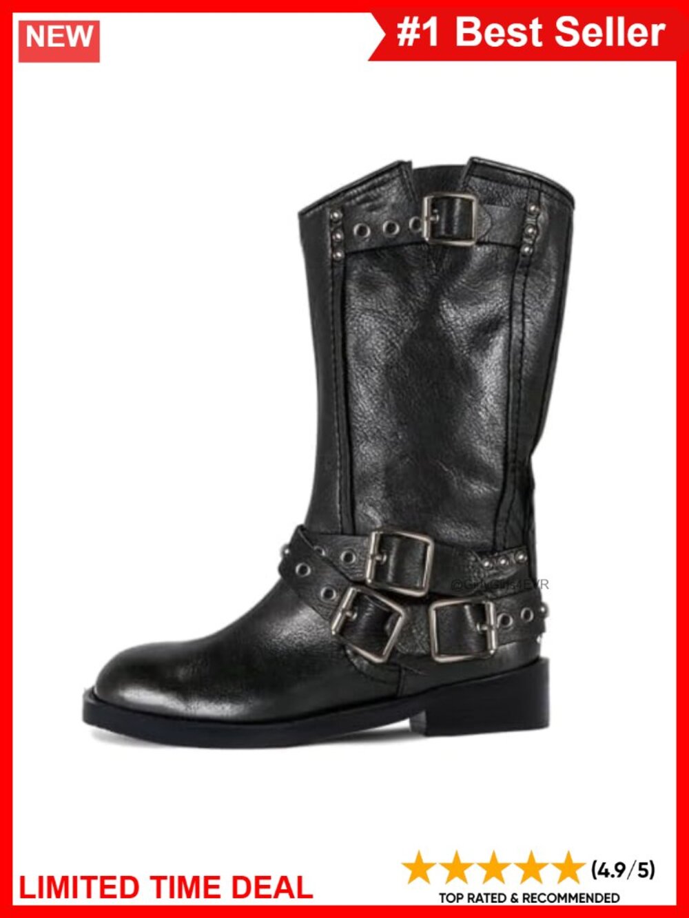 Mid Calf Moto Boots Square Toe Chunky Block Heel Buckle Biker Booties